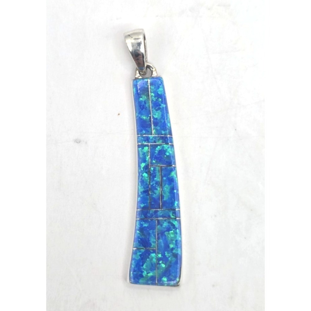 Blue Opal Sterling Silver Inlay Pendent‎ Narrow Bar 1.5" x 0.25" Handmade NEW